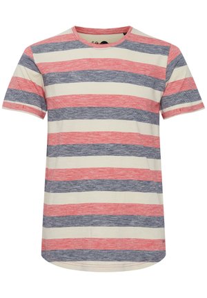 Črtasta majica iz mehke bombažne tkanine. Ima vodoravne rdeče, mornarsko modre in smetanaste črte. Kratki rokavi in okrogli izrez. Rob je rahlo ukrivljen.