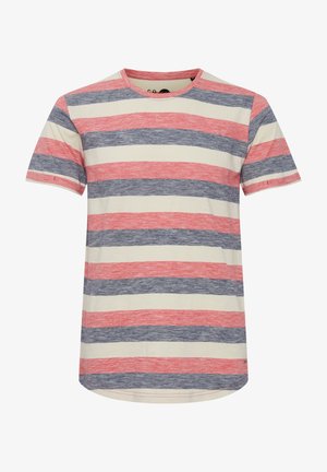 Tricou cu dungi din bumbac moale. Are dungi orizontale roșii, bleumarin și crem. Mâneci scurte și guler rotund. Tivul este ușor curbat.