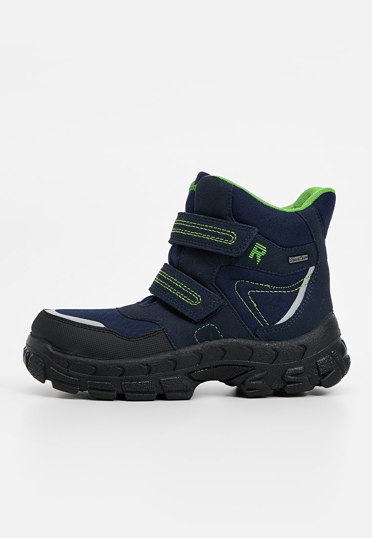 Bottines d'hiver pour enfants en bleu marine avec semelle noire, doublure verte, détails réfléchissants et deux bandes Velcro pour le maintien.