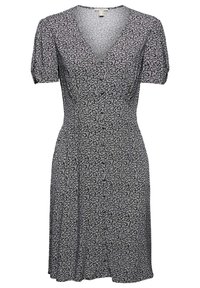 Schwarz-weiße Blumenkleid mit V-Ausschnitt, kurzen Puffärmeln und Wickeldesign, aus einem weichen, strukturierten Stoff.