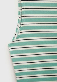 Striped tank top featuring light green, white, and navy blue colors. Made of soft fabric with a smooth texture and sleeveless design.
