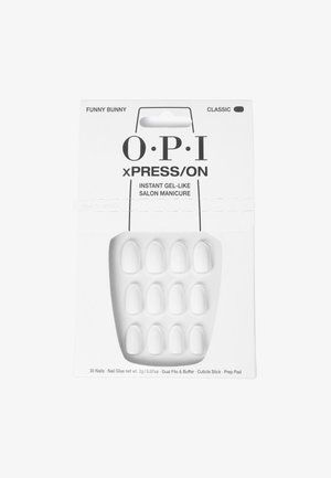 Kit de faux ongles OPI xPRESS/ON comprenant 30 faux ongles blancs en gel, une lime double face et un polissoir, un bâtonnet à cuticules et un tampon de préparation inclus.