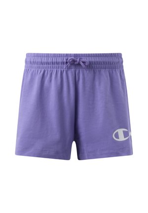 Lila elastische Shorts mit Kordelzug und weißem Champion-Logo am unteren rechten Bein, dargestellt auf weißem Hintergrund.