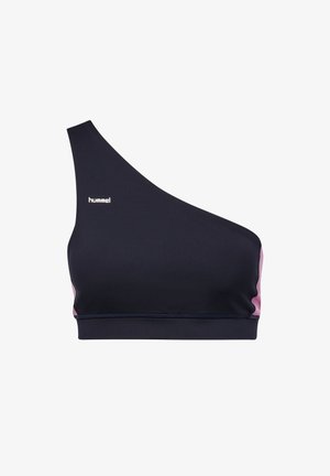 Sort og pink enkelt skulder sportstop med "hummel" logo på frontens venstre side mod en hvid baggrund.