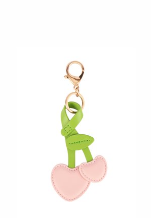 Keychain with pink heart-shaped cherries and green leather stems attached to a gold metal clasp and ring.