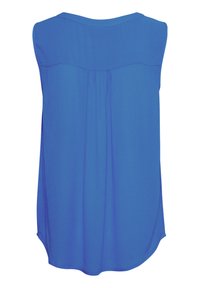 Top blu senza maniche realizzato in un tessuto morbido e leggero. Presenta un collo rotondo e dettagli plissettati sul retro.
