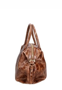 Borsa a tracolla in pelle marrone con un design strutturato, texture liscia, chiusura con zip dorata e due manici arrotondati. Finitura con pieghe uniche.