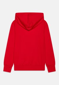 Red hoodie with a spacious hood, long sleeves, and ribbed cuffs. Smooth texture and elastic hem; solid color with no visible patterns or logos.