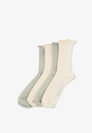 Vier paar geribbelde enkelsokken in afwisselend lichtgrijs en crèmewit met geplooide randen, naast elkaar gelegd.