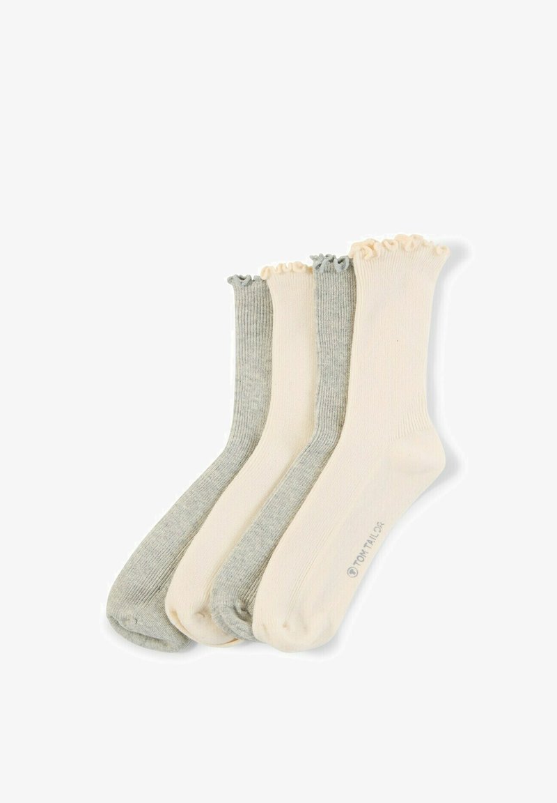 Quatre paires de chaussettes mi-hautes côtelées en gris clair et crème alternés avec des bords à volants, disposées côte à côte.