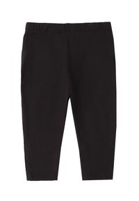 Leggings noirs en tissu extensible, dotés d'une taille élastique et d'une coupe ajustée, se terminant juste au-dessus de la cheville, avec une texture lisse.
