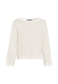 Sweter dziany w jasnym kremowym kolorze z teksturowanym, otwartym splotem. Okrągły dekolt oraz długie rękawy z prążkowanymi mankietami i dolnym brzegiem.