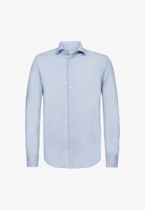 Camicia a maniche lunghe azzurro chiaro in tessuto a trama. Presenta un colletto appuntito, una chiusura frontale con bottoni bianchi e un orlo dritto.