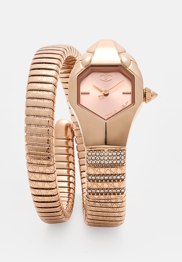 Reloj de oro rosa con cara octagonal, esfera rosa y pulsera texturizada. Presenta acentos de diamante a lo largo de la correa y una corona distintiva.