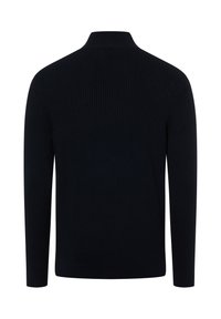 Marineblauer, gerippter Strickpullover mit langen Ärmeln und hohem Kragen, mit einem strukturierten Muster und einer taillierten Passform.