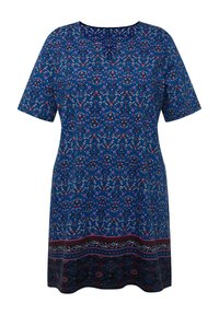 Robe à motifs floraux bleus avec des manches courtes, un col en V et un ourlet à motifs contrastants. Tissu doux avec des détails délicats tout au long.