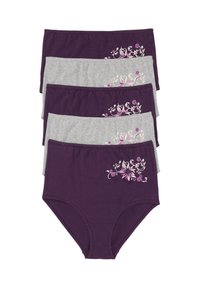 Cinque pezzi di biancheria intima: due di un viola scuro con ricami floreali, tre di un grigio chiaro in cotone morbido, tutti con un design a vita alta.