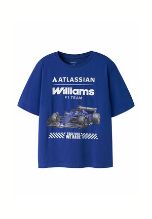 T-shirt bleu avec les logos de l'équipe Williams F1, une image de voiture de course et le texte "Together We Race" avec des graphismes de drapeau à damier.
