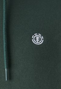 Green sweatshirt with a textured finish, featuring a white embroidered logo on the chest and a drawstring hood with silver aglets.