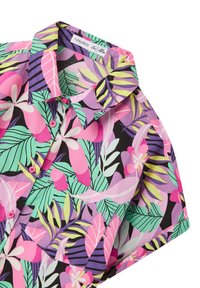 Camicia a maniche corte con un vivace motivo floreale e fogliare nei colori rosa, viola, verde e nero, dotata di colletto button-down e bottoni rosa.