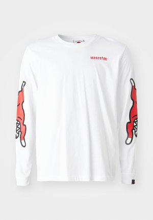 Langærmet hvid T-shirt med røde grafiske designs på begge ærmer og et lille rødt logo på brystet. Fremstillet af bomuldsstof, afslappet pasform.