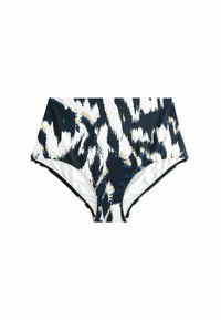 Aukštu juosmeniu bikini dugnas su tamsiai mėlyna, balta ir auksine gyvūnų rašto išvaizda. Pagamintas iš švelnios medžiagos su nedideliu blizgesiu ir elastinga juostos. 