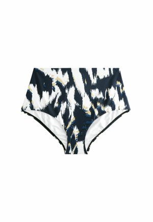 Högmidjad bikiniunderdel med ett mönster av djurtryck i marinblått, vitt och guld. Tillverkad av en slät tyg med en lätt glans och elastisk midja.