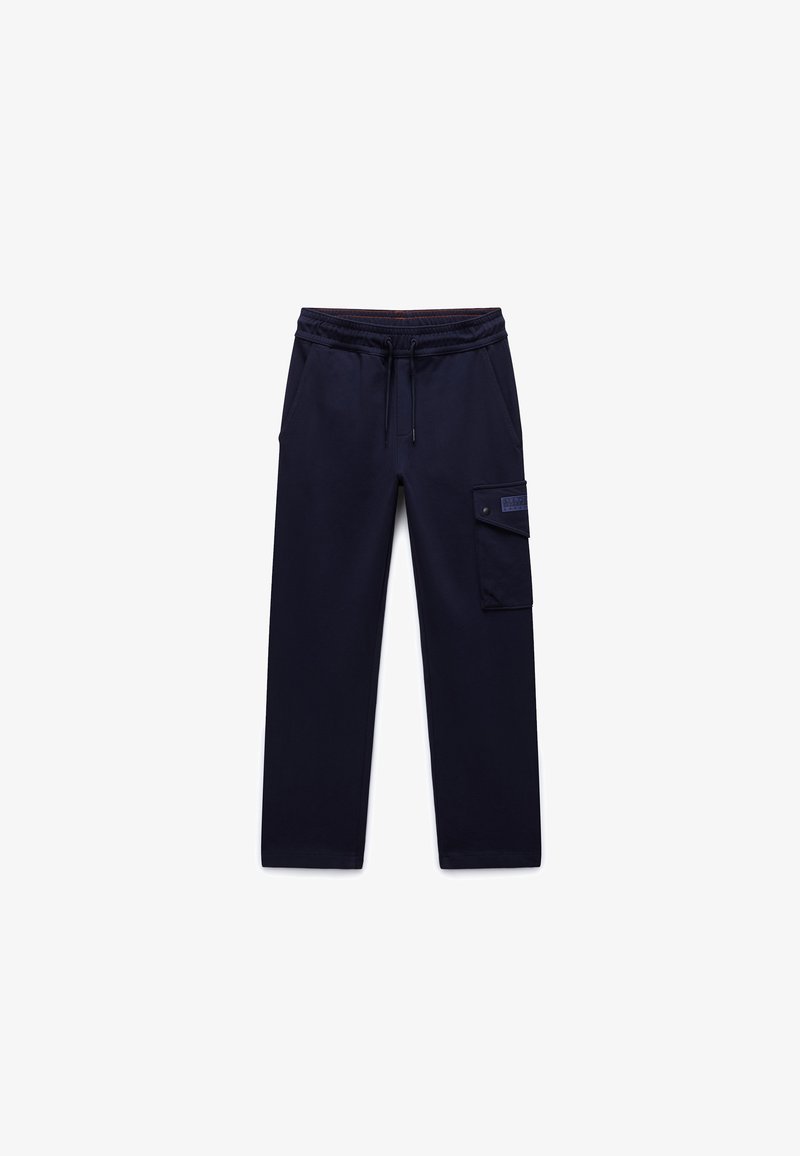 Μπλε σκούρο παντελόνι φόρμας από μαλακό ύφασμα με ελαστική μέση και ρυθμιζόμενο κορδόνι, πλαϊνές τσέπες και τσέπη cargo στο πόδι.