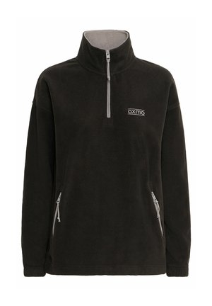 Black fleece pullover with a stand-up collar, half-zip front, and two side zip pockets. Features a gray interior and logo on the chest.