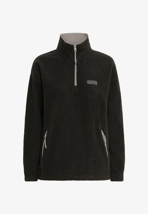 Black fleece pullover with a stand-up collar, half-zip front, and two side zip pockets. Features a gray interior and logo on the chest.