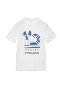 Biała bawełniana koszulka z niebieskim nadrukiem przedstawiającym palmy, okrągłe linie oraz tekst "OFFSHORE pleasures". Okrągły dekolt, krótkie rękawy.