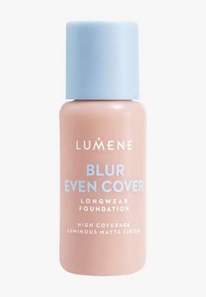 Flacon de fond de teint Lumene Blur Even Cover longue tenue, haute couvrance, fini mat lumineux, beige clair avec un bouchon bleu.