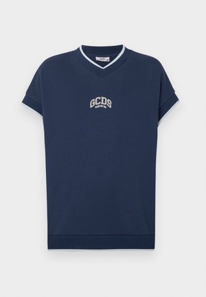 Camicia blu navy a maniche corte in cotone, con scollatura a V e dettagli in maglia azzurro chiaro; logo ricamato sul petto.