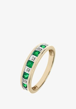 Kuldne sõrmus, millel vahelduvad rohelised ja läbipaistvad vääriskivid. Disain on sileda bändi ja läikiva viimistlusega modernne.