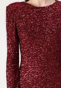 Burgundy sequin dress with long sleeves, a round neckline, and a textured surface. The sequins create a sparkling effect throughout.