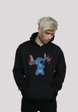Black hoodie with a graphic design featuring a blue cartoon character and two smaller characters, highlighting ear details and vibrant accents.