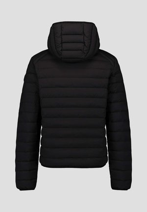 Veste matelassée noire avec capuche, présentant une texture matelassée et un design léger. Le dos affiche des détails de coutures horizontales.