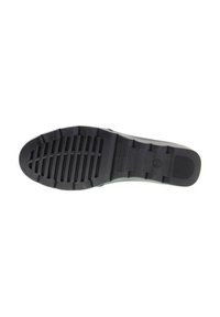 Suola di scarpa in gomma nera caratterizzata da scanalature orizzontali e verticali per la trazione, con accenti in rilievo e un logo del marchio sagomato.