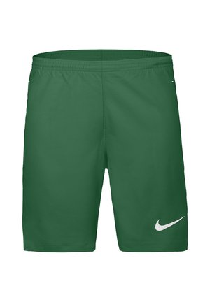 Ciemnozielone spodenki sportowe z elastycznym pasem i białym logo Nike Swoosh na dolnej prawej nogawce.