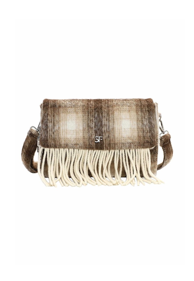 Borsa a mano plaid marrone e beige con pattina, dettagli in frange bianche, logo in hardware argentato e manico corto. Materiale testurizzato.
