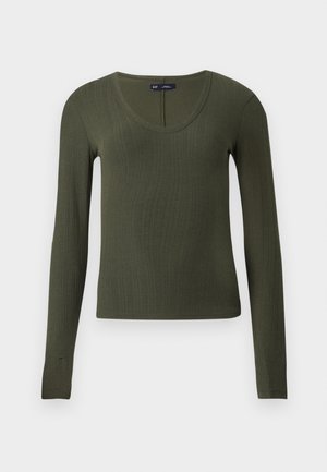 Olivově zelený dlouhý rukáv top vyrobený z ribbed tkaniny, s výstřihem do písmene U a přiléhavým střihem. Žádné viditelné zapínání ani vzory.