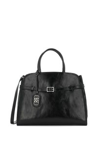 Melnas ādas rokassoma ar strukturētu formu, divām augšējām rokturiem, noņemamu plecu siksnu, sprādzes akcentu un sudraba logotipa detaļu.