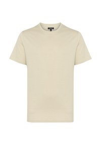 T-shirt à manches courtes de couleur beige clair, col rond, texture douce, design uni, en coton ou matériau similaire.