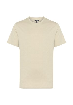 Short-sleeved t-shirt in a light beige color, round neck, soft texture, plain design, made from cotton or similar material.
