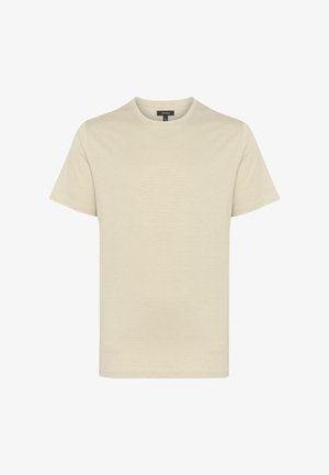 Īsām piedurknēm t-krekls gaiši bežā krāsā, apaļa apkakle, maiga tekstūra, vienkāršs dizains, izgatavots no kokvilnas vai tamlīdzīga materiāla.