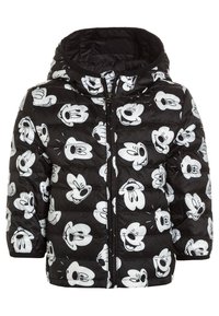 Czarna puchowa kurtka z kapturem, ozdobiona powtarzającym się wzorem białych twarzy Myszki Miki. Teksturowana, pikowana tkanina. Zapinana na zamek z przodu.