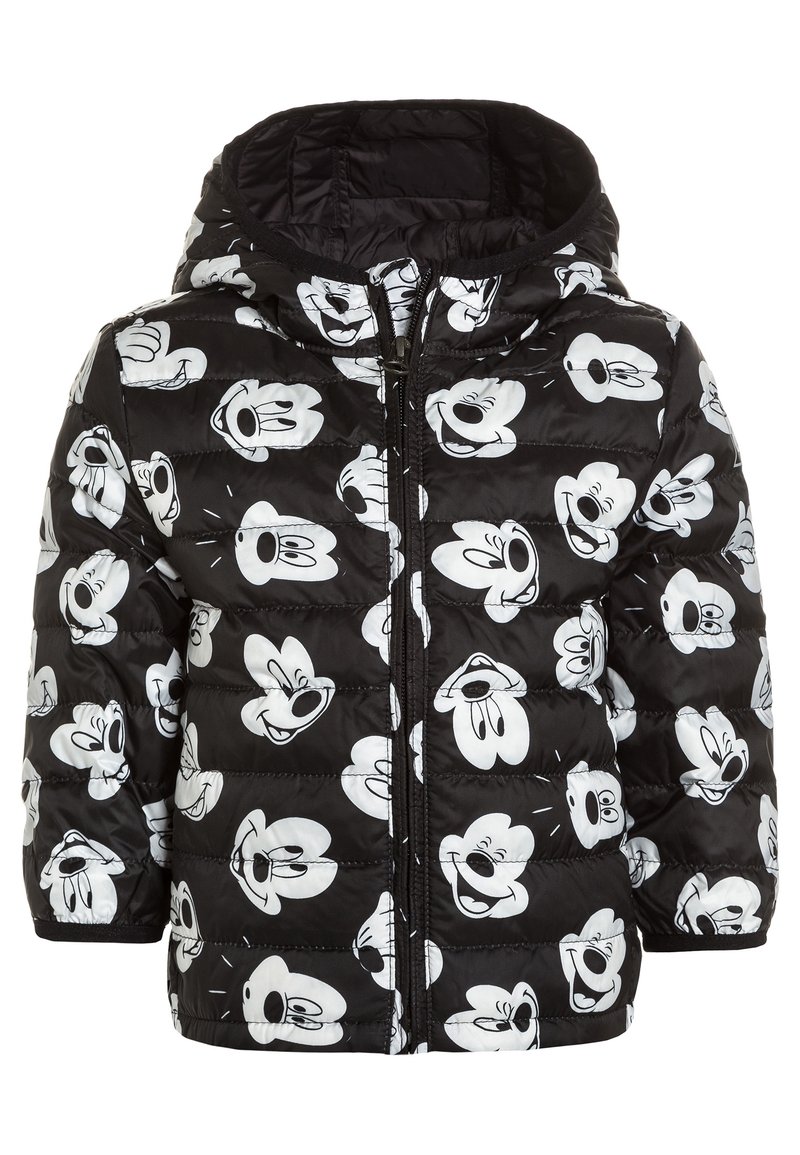 Czarna puchowa kurtka z kapturem, ozdobiona powtarzającym się wzorem białych twarzy Myszki Miki. Teksturowana, pikowana tkanina. Zapinana na zamek z przodu.