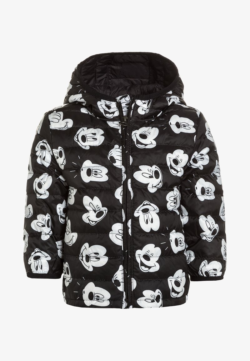 Czarna puchowa kurtka z kapturem, ozdobiona powtarzającym się wzorem białych twarzy Myszki Miki. Teksturowana, pikowana tkanina. Zapinana na zamek z przodu.