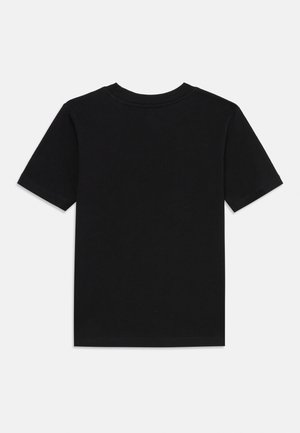 Black short-sleeve T-shirt with crew neck laid flat showing the back side on a white background.