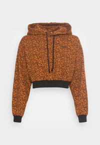 Felpa corta in tessuto arancione con stampa leopardata nera, caratterizzata da un orlo elastico nero, maniche lunghe e cappuccio con cordino.